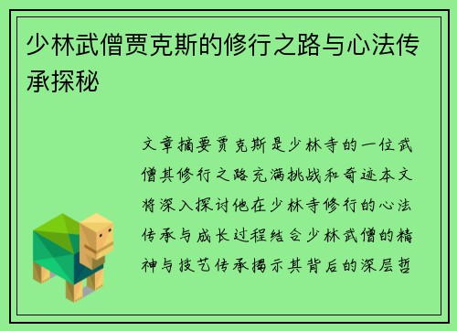 少林武僧贾克斯的修行之路与心法传承探秘