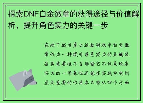 探索DNF白金徽章的获得途径与价值解析，提升角色实力的关键一步